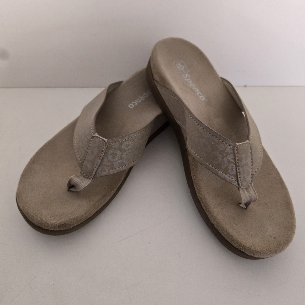Spenco Hampton Faux Suede Camel Tan Silver Leopard Thong Comfort Sandals Size 9D